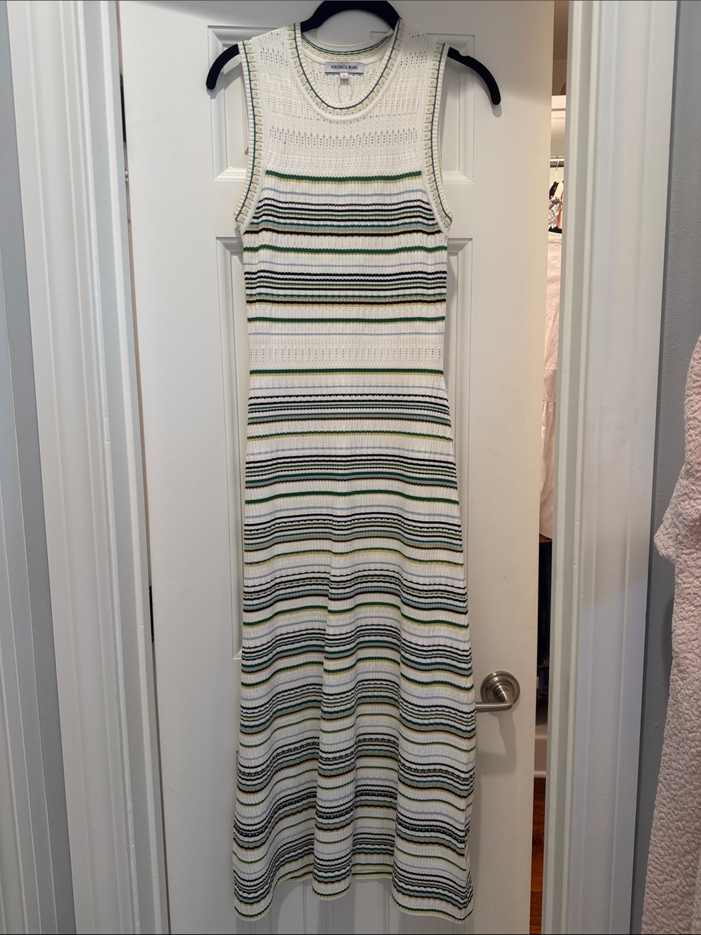 Veronica Beard White Knit Tank Dress with Green and Black Stripes